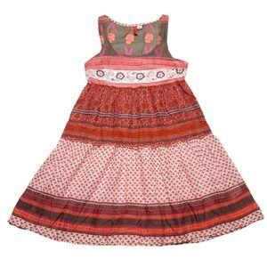 HM Divided Dress Womens 4 Red Floral Patchwork Midi Boho Tiered Cotton Sundress